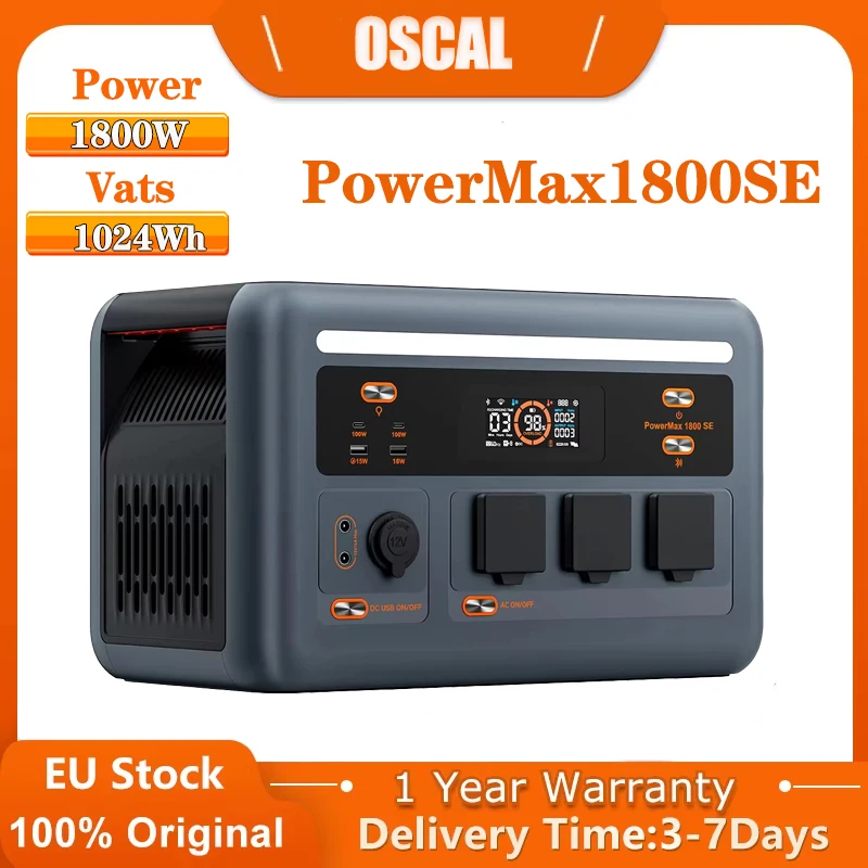 Centrale électrique portable OSCAL PowerMax1800SE, générateur solaire 1800W, 1024Wh LifePO4, sortie AC à onde sinusoïdale pure 1800W continu/3600W de crête, batterie de secours domestique, camping en plein air, alimentation mobile