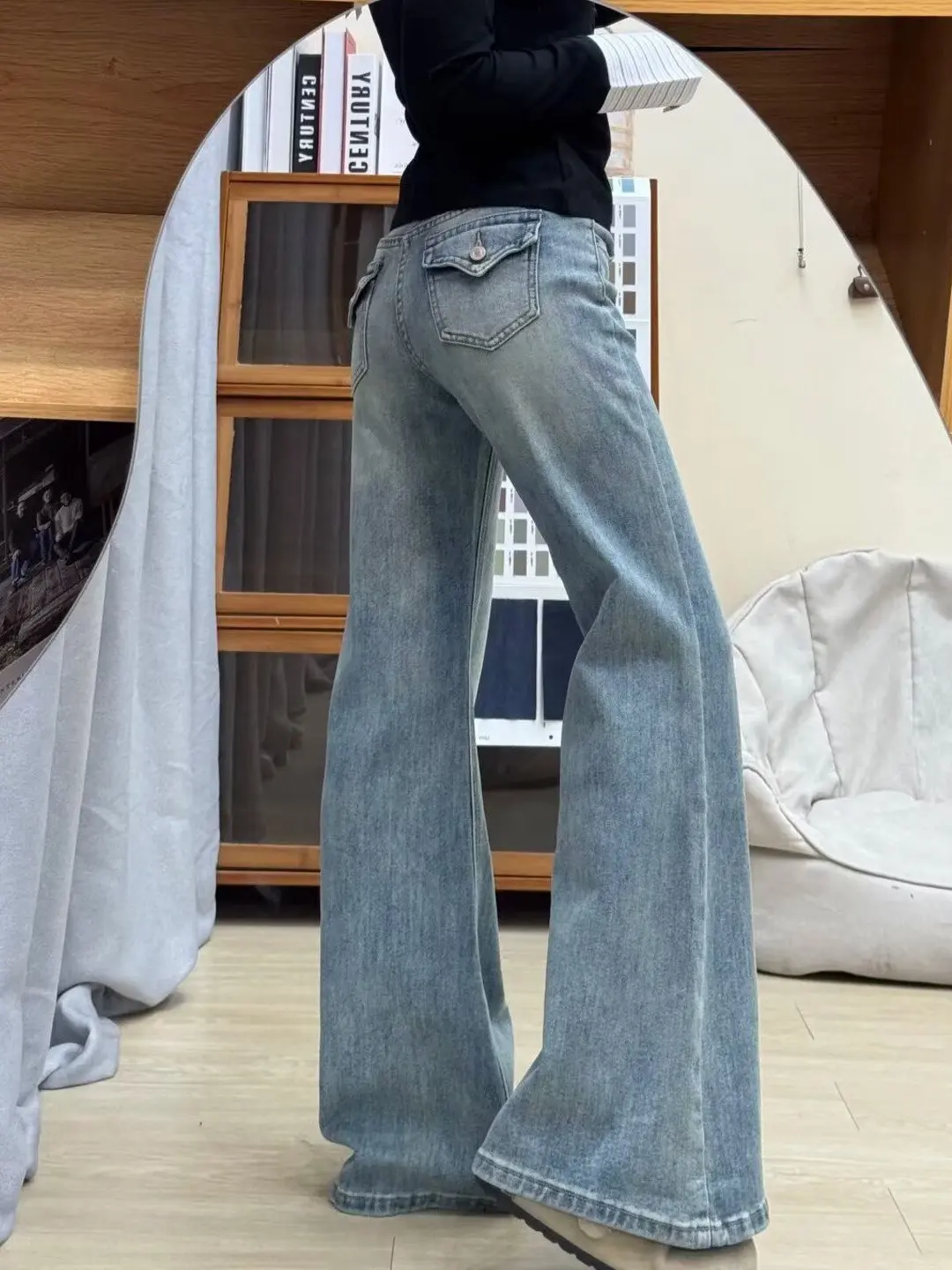 Retro Low Waist Bell Bottom Jeans Women's New Style Faded Design Slimming Effect Not Tight Fit Denim Pants Medium Stretch