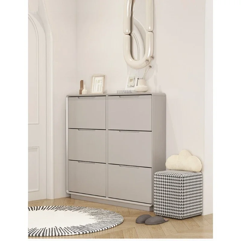 Minimal cream wind tipping bucket, extremely narrow ultra-thin porch shoe cabinet, solid wood foyer cabinet shoe rack