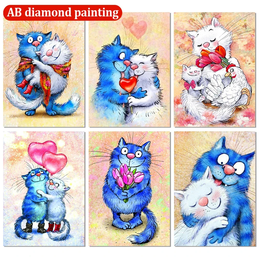 5D DIY AB Diamond Painting Cartoon Animal Blue Cat Romantyczny zestaw do haftu Rhinestone Mosaic Cross Stitch Home Decor Gift