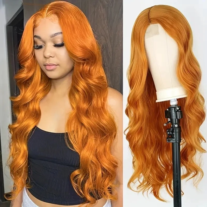 Women's front , side-parted, with small lace highlights, long curly synthetic hair wig