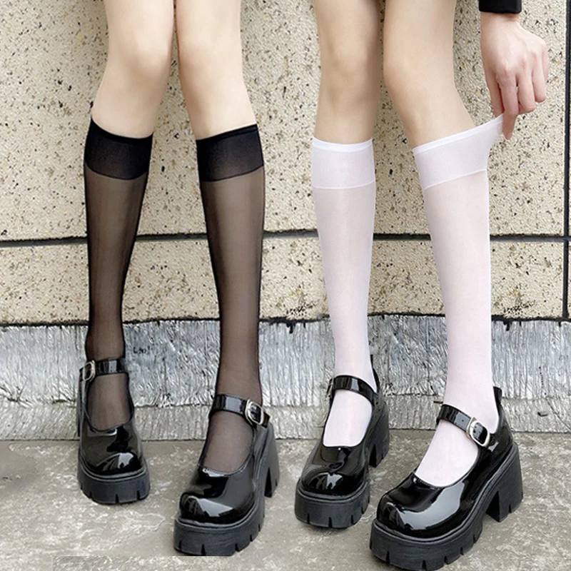 1/3pairs JK Woman Socks Cute Black White Lolita Long Socks Summer Thin Knee High Socks Cosplay Sexy Nylon Transparent Stockings