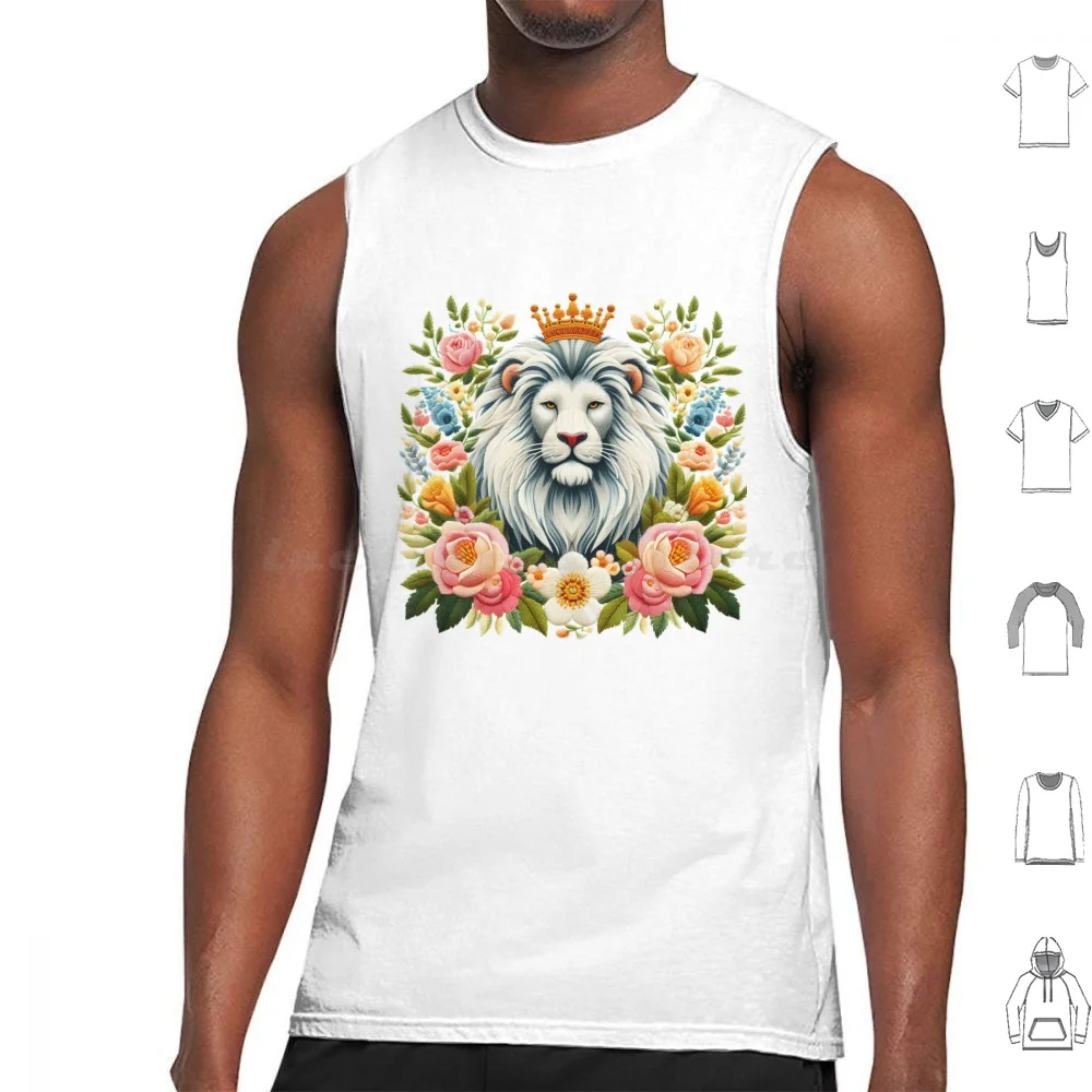 White Lion Embroidery Tank Tops Vest Sleeveless Lion White Lion Animal White Mosaic Africa Cat Wildlife Big Cat Blue Eyes