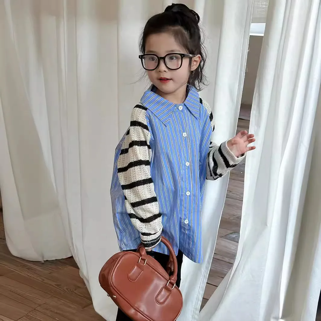 

Korean Children's Clothing 2024 Autumn New Item Girls' Spliced Blue Shirt Loose and Stylish Girls' Long Sleeved Shirt