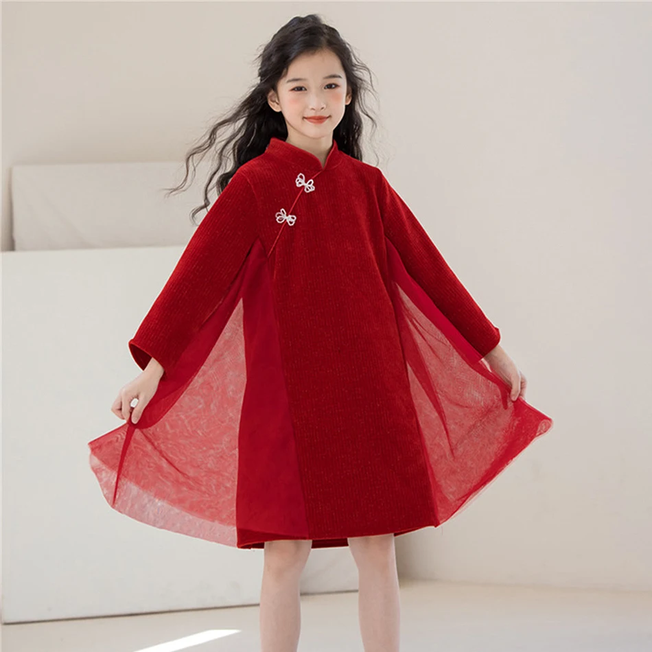 

Осенне-зимнее утепленное платье для девочек в китайском стиле, красное новогоднее платье, детский костюм Тан с длинными рукавами, детская праздничная рождественская одежда