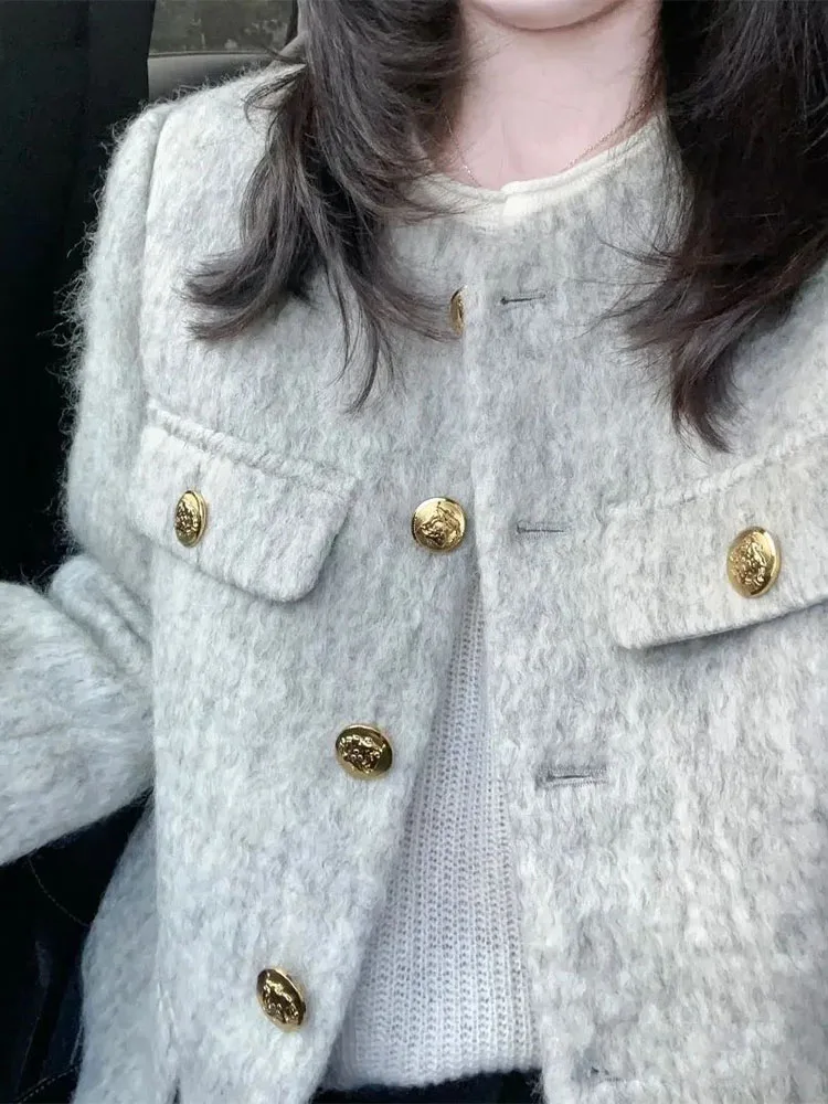 

Tweed Jacket Buttons Womens Winter Leather Layered Ruffles Peplum Silhouette Waist-Cinching Cinched Slim-Fitting Warm Multicolor