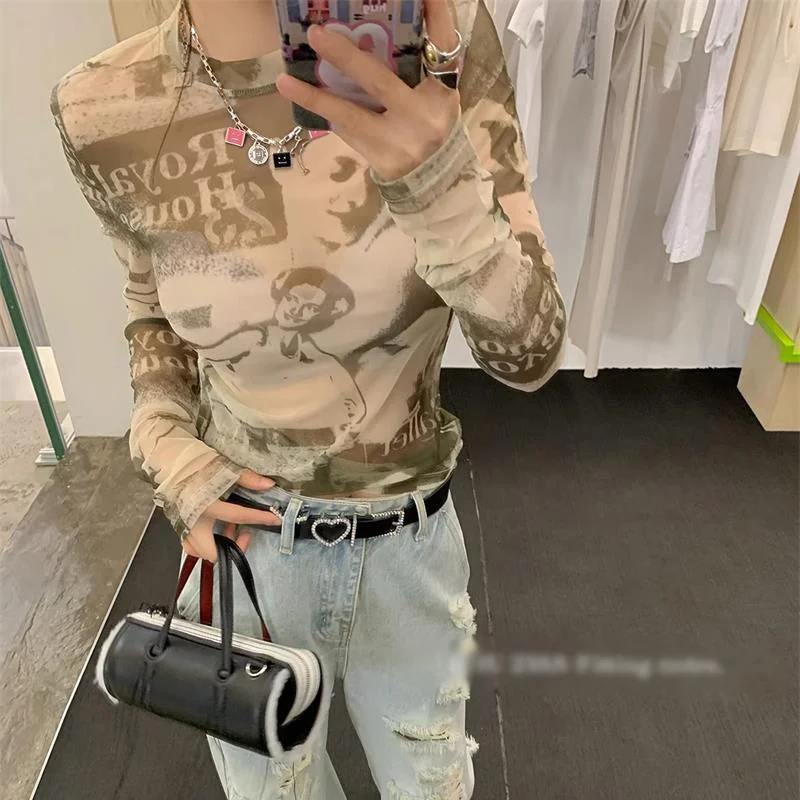 

Сетчатые футболки с длинными рукавами и уличным принтом, женские облегающие универсальные топы с круглым вырезом Harajuku Y2k, эстетические футболки в стиле гранж