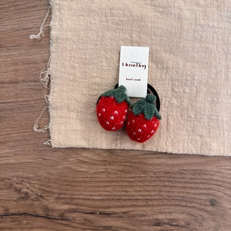 2 Pack Strawberry Pumpkin Knit Hair Tie for Girls Fall Winter Korean Cute Elastic Ponytail Holder Soft Non Slip Daily