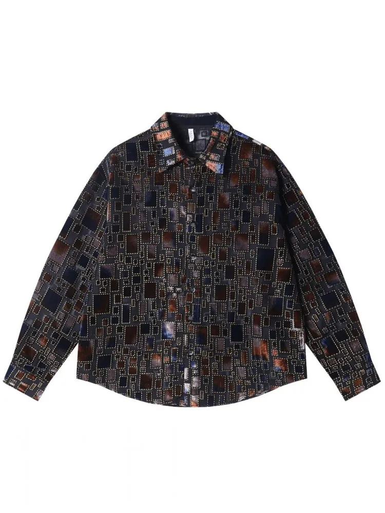 Spring Mens High Street Casual Shirt Long Sleeve Single Breasted Tops Loose Fit Harajuku Vintage Printed Irregular Plaid Shirts