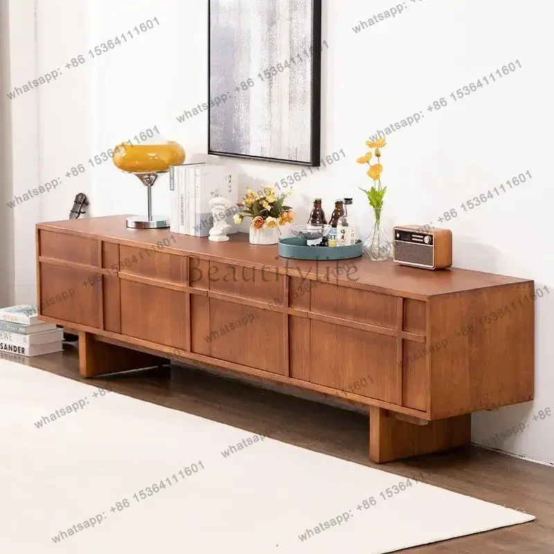 LJY Nordic solid wood TV cabinet small apartment living room household retro log floor cabinet against the wall