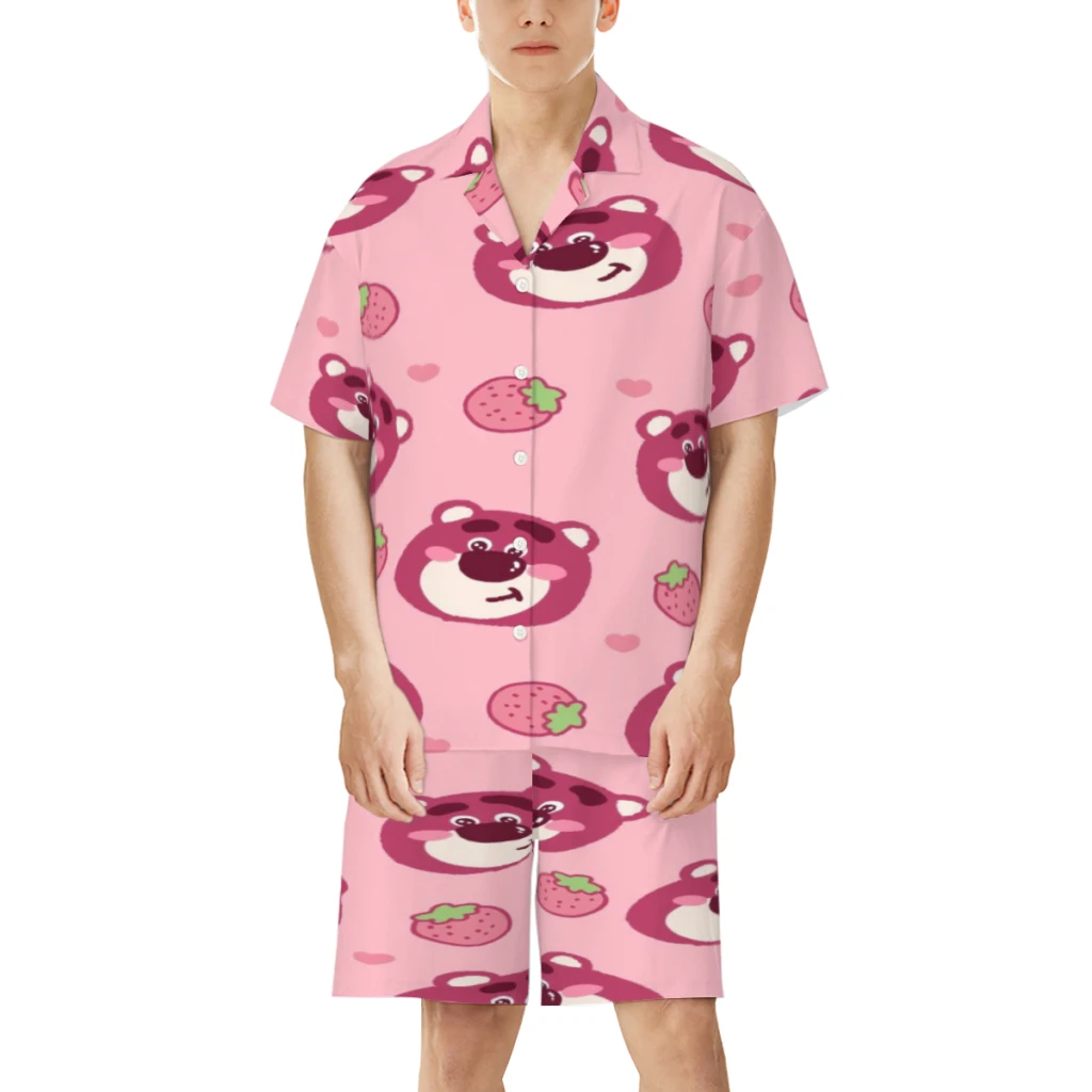 Ensemble de pyjama en coton Huggin' Bear pour hommes et femmes, manches longues, imprimé poupée fraise, décontracté