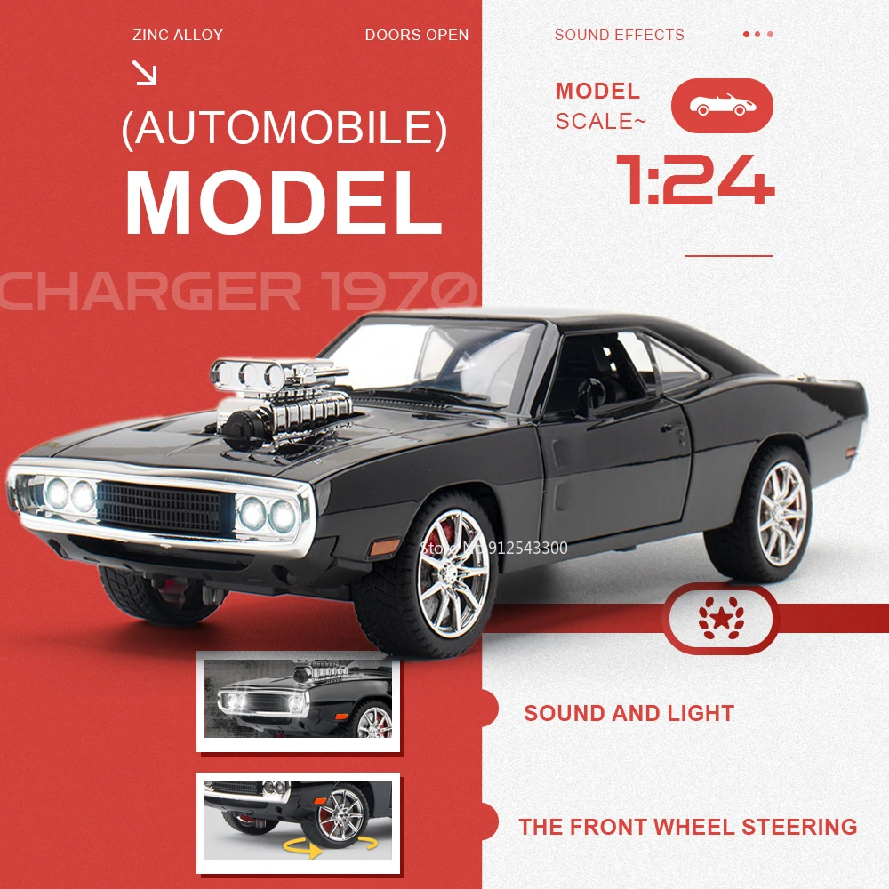 

Масштабная модель автомобиля Charger 1970 Hellcat 1:24 со звуком и светом, откатным механизмом, подвижными передними колесами и открывающимися дверями, игрушка для мальчиков, подарок