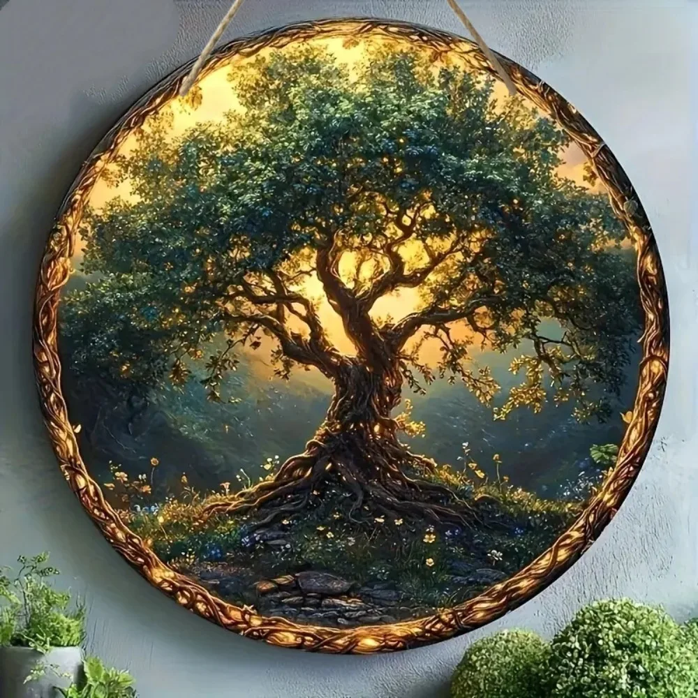 2D Retro Mandala Tree of Life Mural - Circular Wooden Signage, Suitable for Home, Living Room, Office, Cafe Decoration, Gift