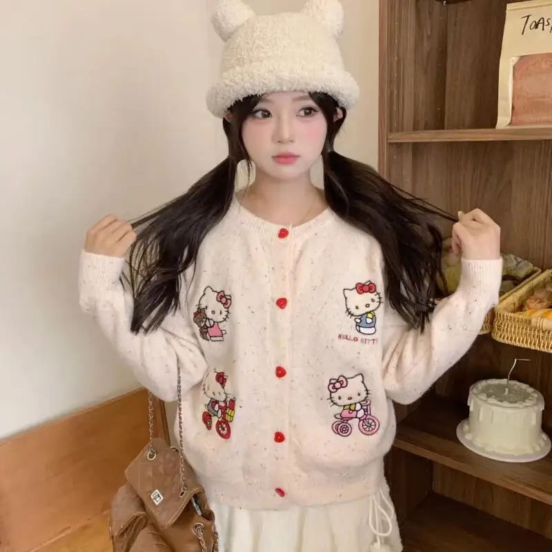 เสื้อคาร์ดิแกนถักไหมพรมลายการ์ตูนซานริโอ้ สไตล์น่ารักหวานๆ ลายเฮลโลคิตตี้  แบบหลวมๆ