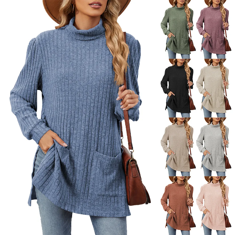 

Women's Turtleneck Sweatshirt Fashion Solid Color Casual Long-Sleeved Knitted Pullover Female High-neck Loose Pocket Sweater