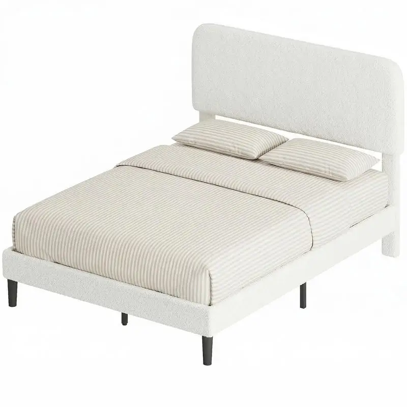 Cadre de lit 140x190cm avec sommier, tête de lit réglable, lit double rembourré en velours Teddy, lattes en métal, blanc