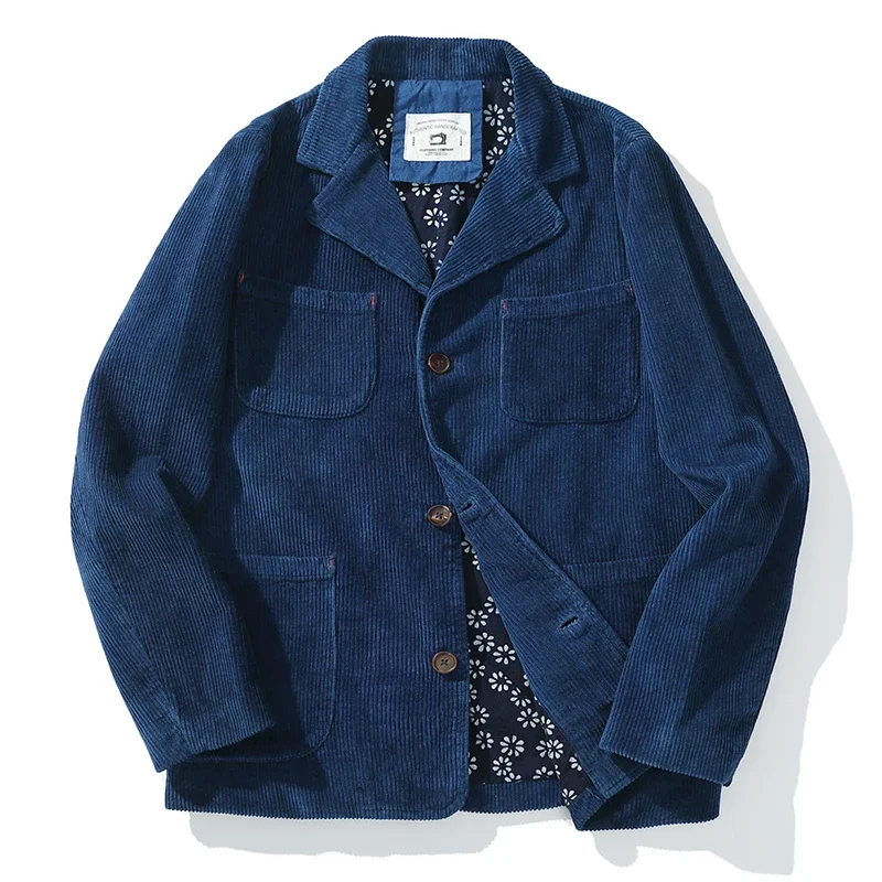 

Quality 100% Cotton Plant Blue Jacket for Men Autumn Vintage Corduroy Loose Leisure Workwear Men Suit Blazer