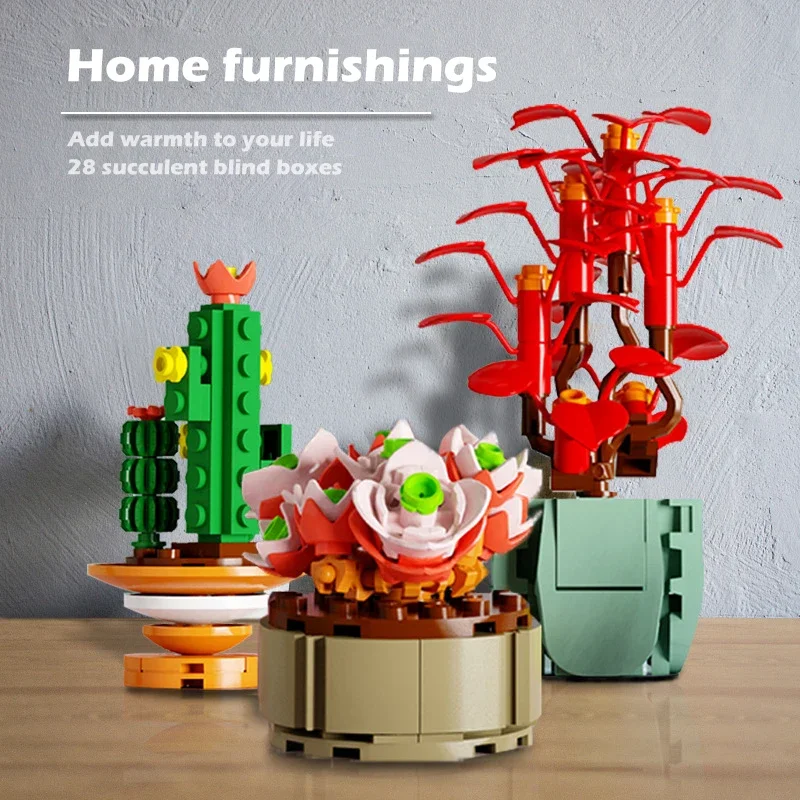 กล่องตาบอด Building Blocks ประกอบดอกไม้ Succulents พืชกระถางอิฐต้นไม้เครื่องประดับของเล่นเพื่อการศึกษาเด็กเด็กของขวัญ