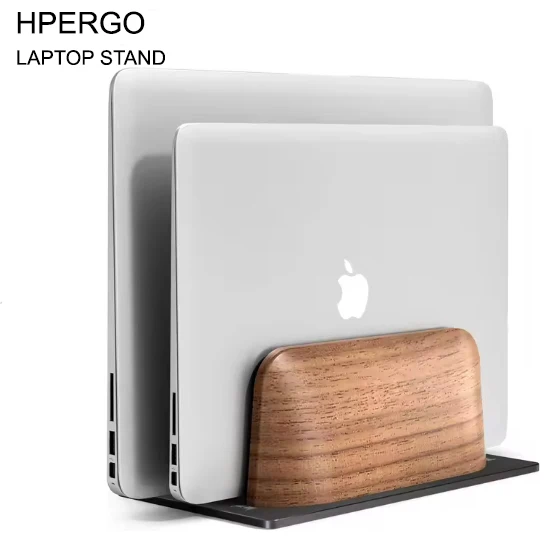 Supporto verticale per laptop HPERGO, supporto per laptop in legno a doppio slot verticale per scrivania, dock regolabile in larghezza per MacBook Pro