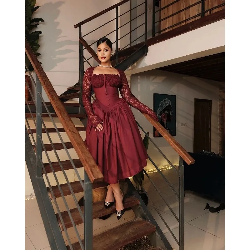 

Women's Mid To Long Length Dress with Square Neckline, Lace Long Sleeves, Waist Cinching, Solid Color