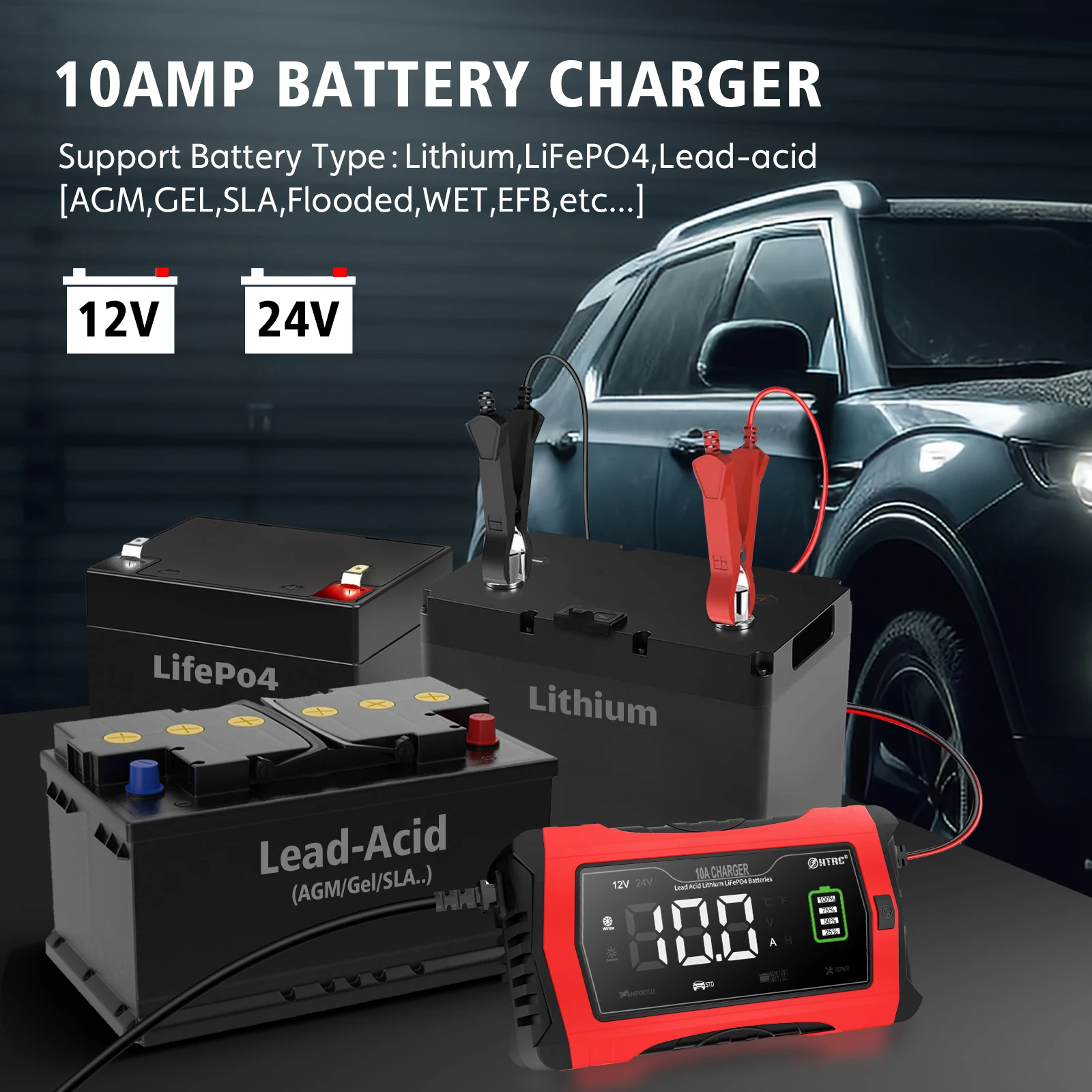 HTRC 12V 10A/24V 5A Battery Charger for Car Motorcycle Charging Lead-acid AGM Lithium Battery Smart Pulse Repair LCD Display