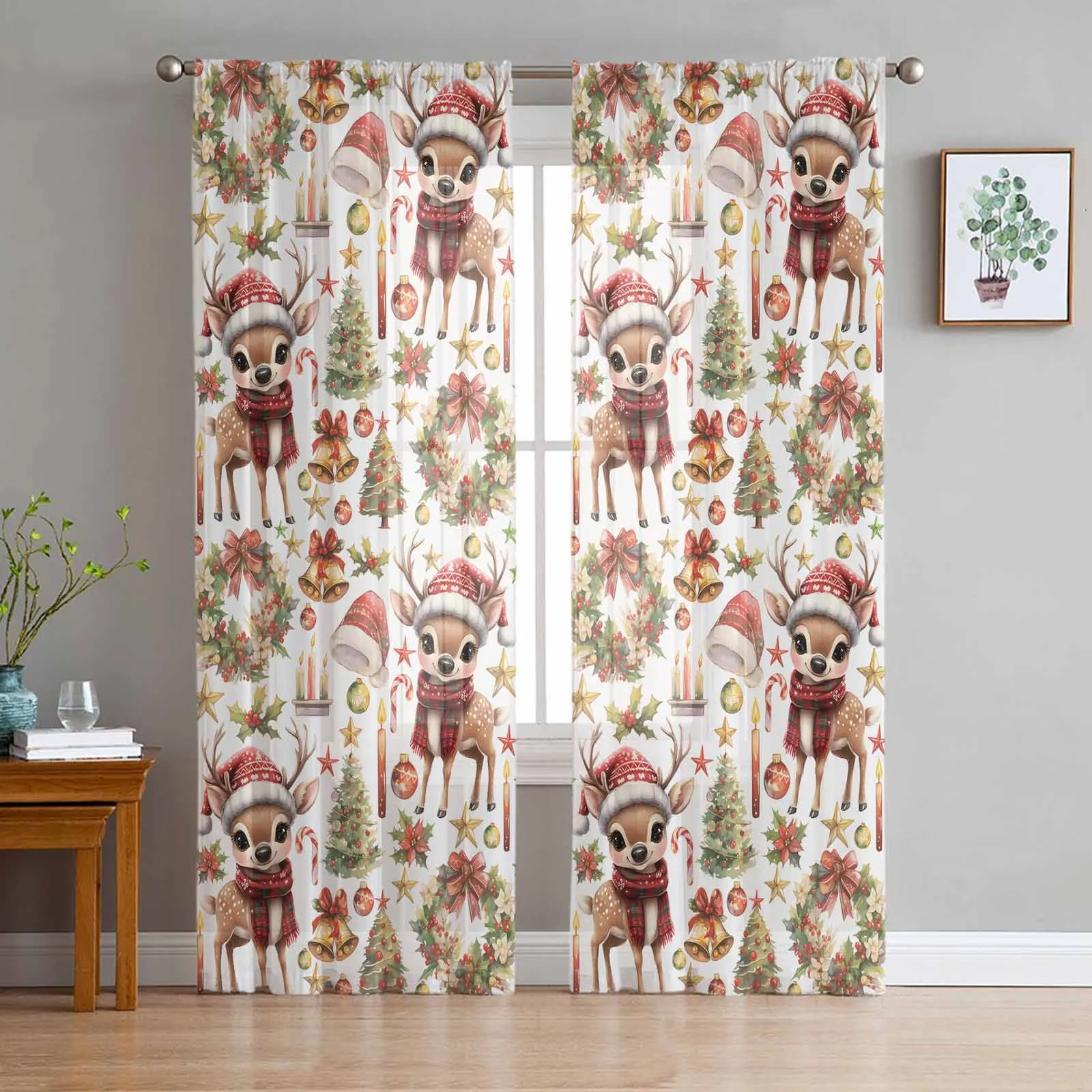 Christmas And Winter Deer Wreath Curtains Decorations For Home Window Tulle Curtains For Living Room Bedroom