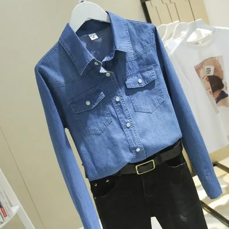 

Women Blouse Denim Long Sleeve Spring Clothes Blue Lapel Shirt Blusas Mujer De Moda