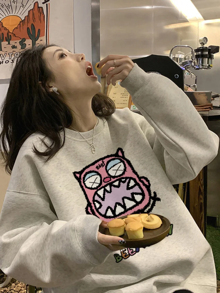 

American Cartoon Fleece Lined Thickened round Neck Sweatshirt Women's Large Size Chic Lazy Style High Fashion Trendy Top