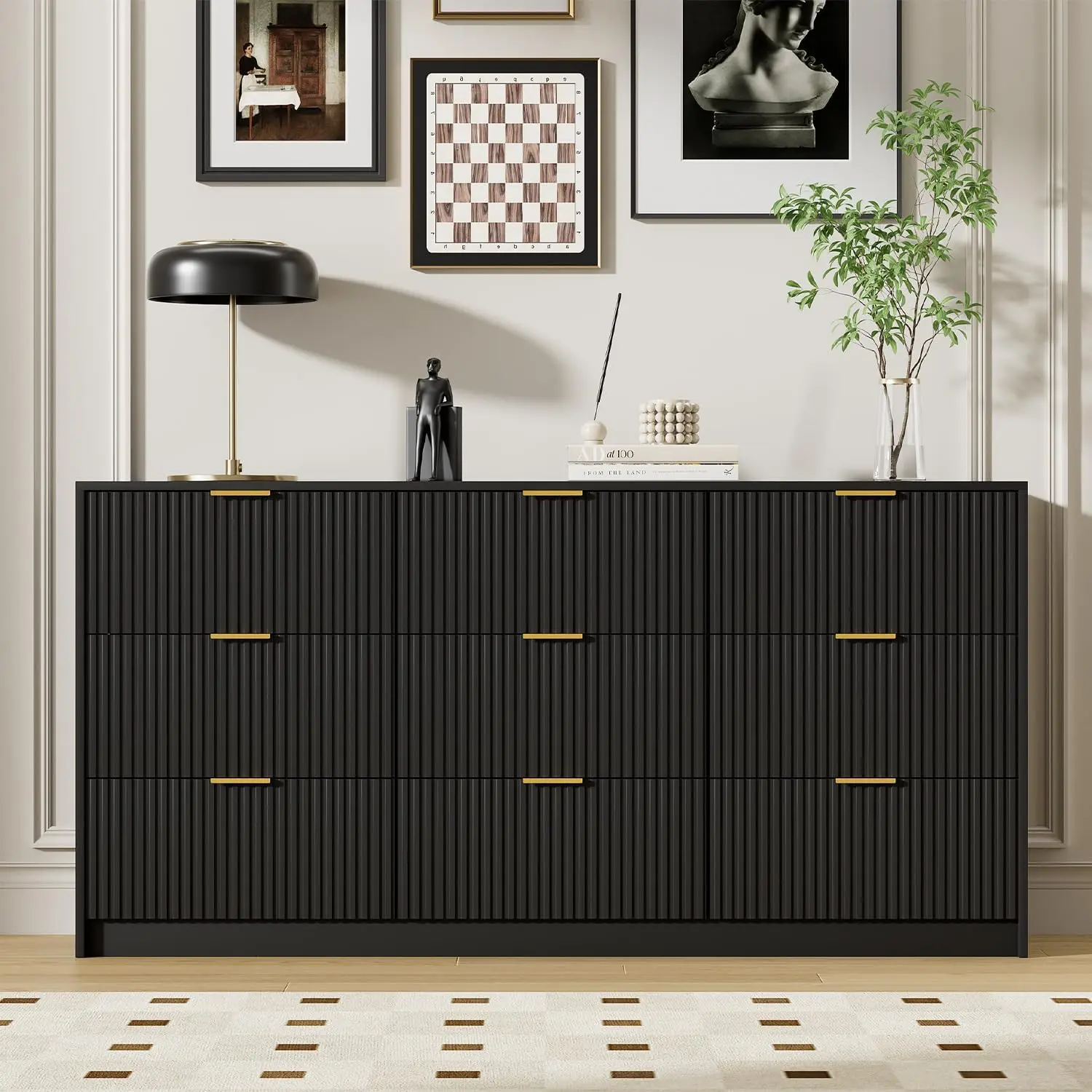 Large Black Dresser with 9 Drawers, 63