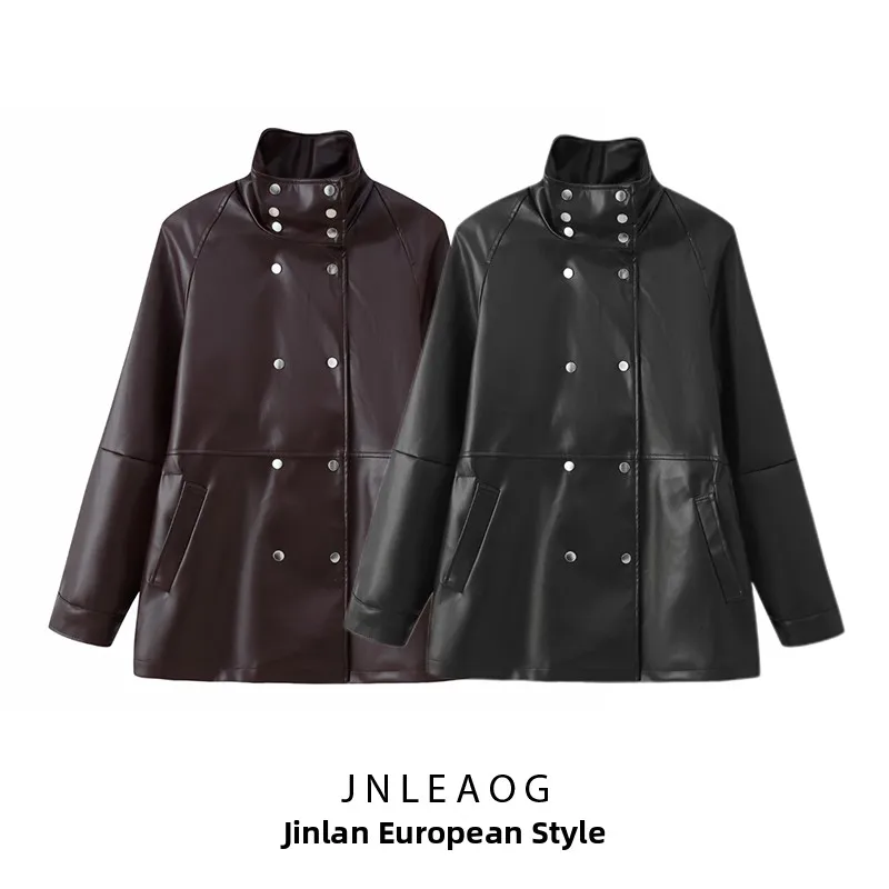 

Модная женская осенняя новинка: приталенный кожаный жакет с двойным рядом пуговиц, воротником-стойкой и двухцветным дизайном из синтетической кожи JNLEAOG...