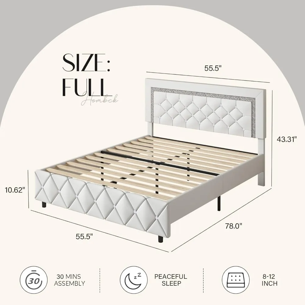 Full Platform Bed Frame with Upholstered Diamond Headboard, Mattress Foundation with Strong Wooden Slats Support