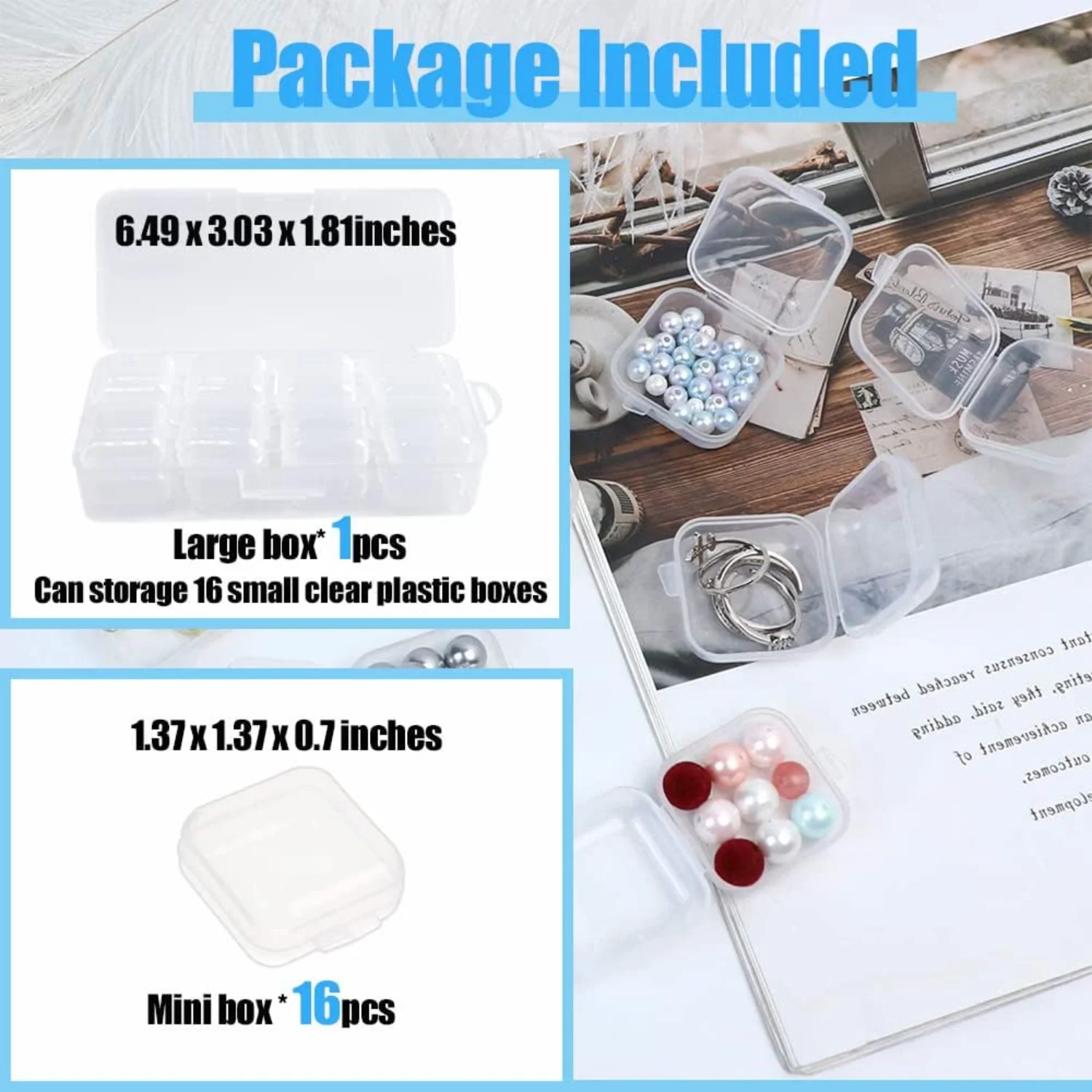 Mini Clear Jewelry ,16Pcs Small Plastic  Transparent Boxes Containers,Portable Travel Packaging for Item ,Beads,Pills,Earplug,Ea