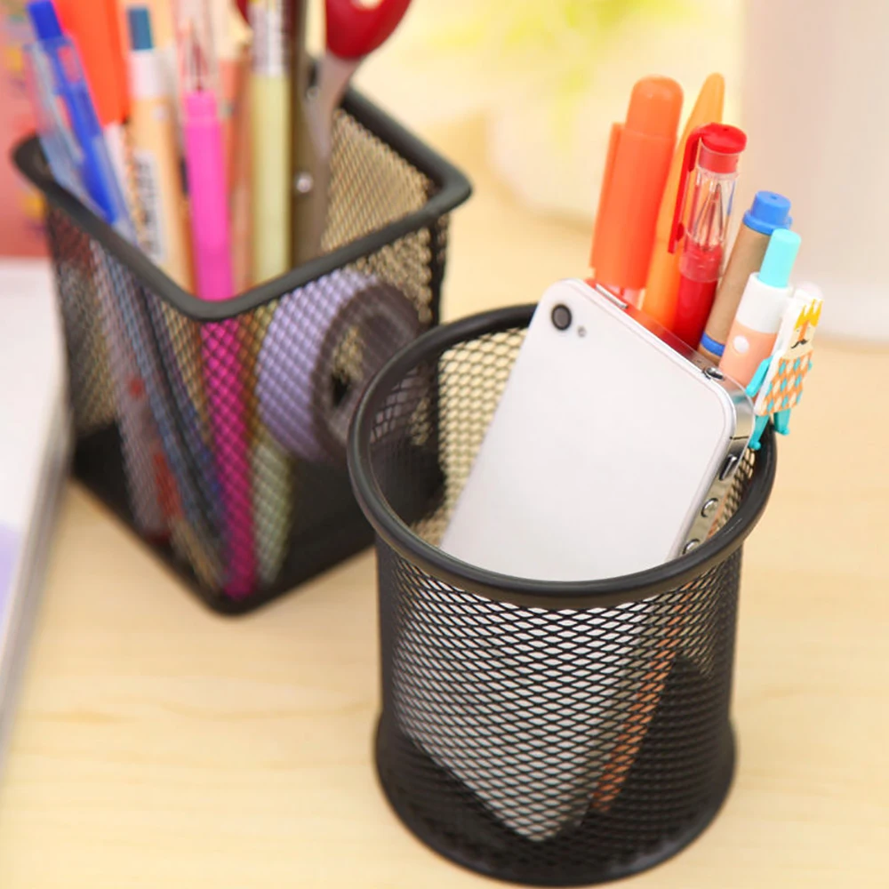 Multifunction Round/Square Pen Holder Office Desk Metal Mesh Pen Pot Cup Case Container Organiser Durable Pencil Desk Supplies