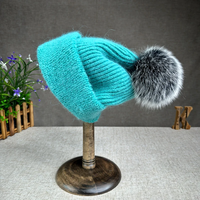 Korean version fox fur ball knitted hat for women's autumn and winter ear protection Angora rabbit fur flap plush woolen hat