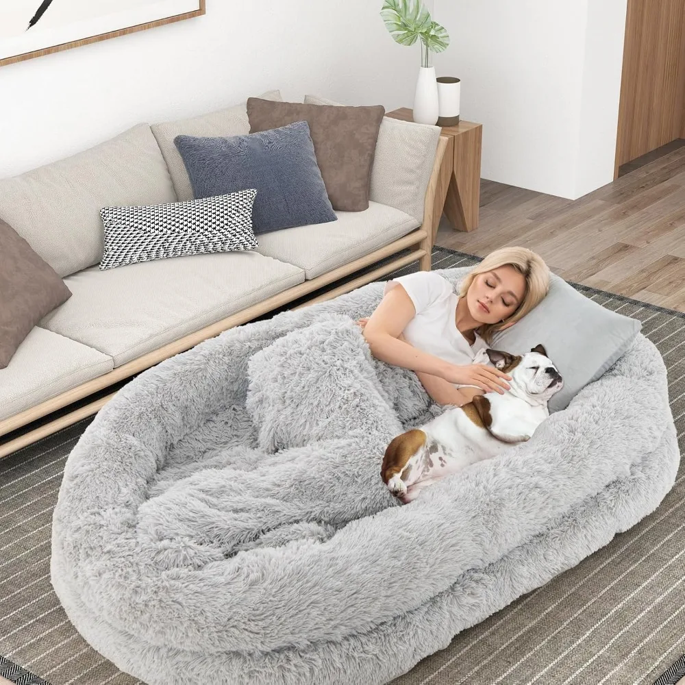 

Human Dog Bed - 71" x 45" Large Human Size Dog Bed for Adult, Orthopedic Egg Crate Foam, Washable Faux Fur Bed Cover, Blanket,