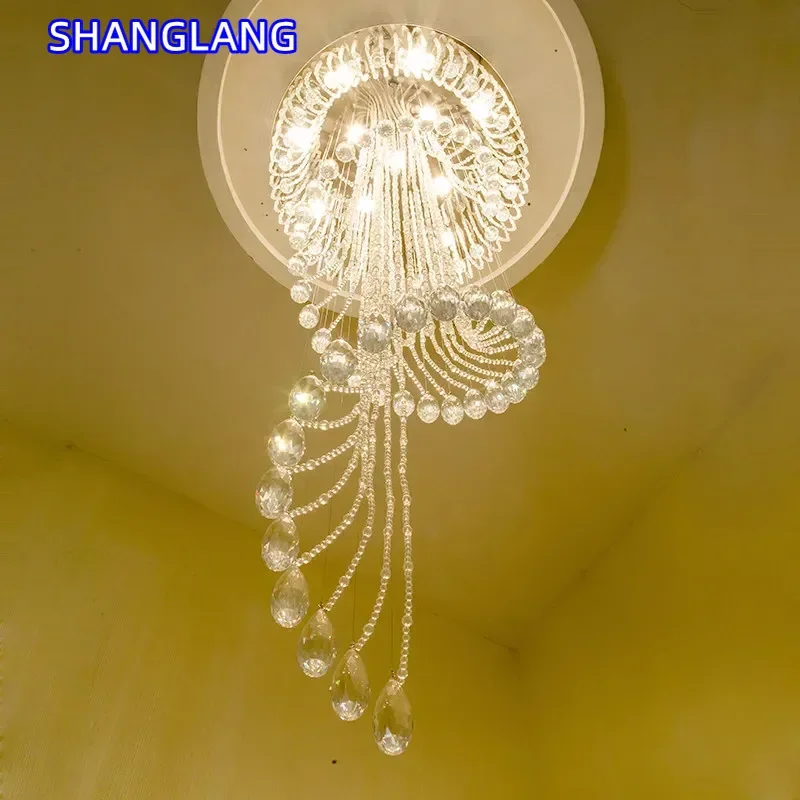 Modern Double Spiral Staircase Lustre Crystal Ceiling Chandelier Loft Restaurant Hotel Hall Long Illumination Lights