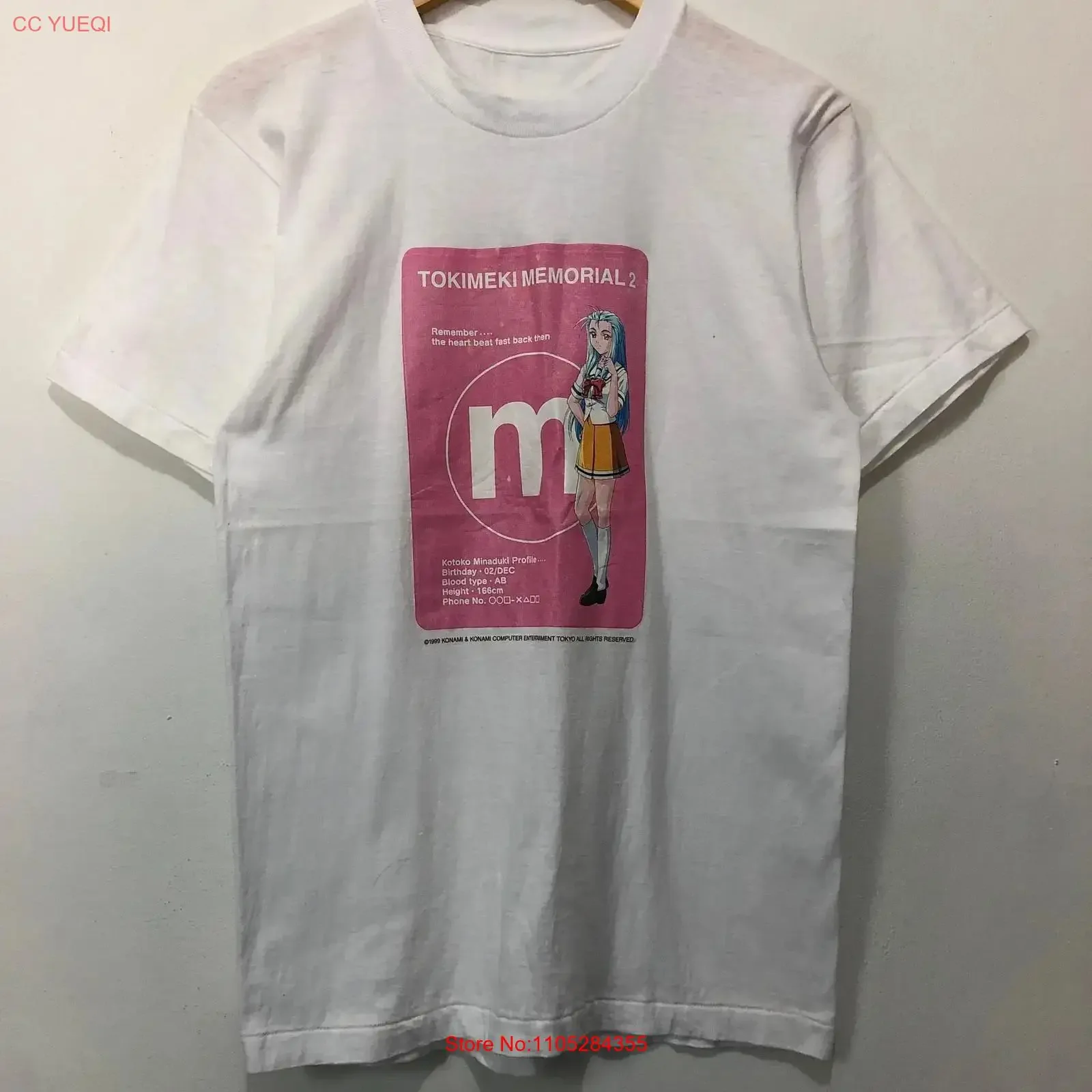 Camiseta Vintage de los 90s Tokimeki Memorial 2, Kotoko Minaduki Konami, estilo vintage lavado, unisex, streetwear para hombre, versátil, ligeramente desgastada.