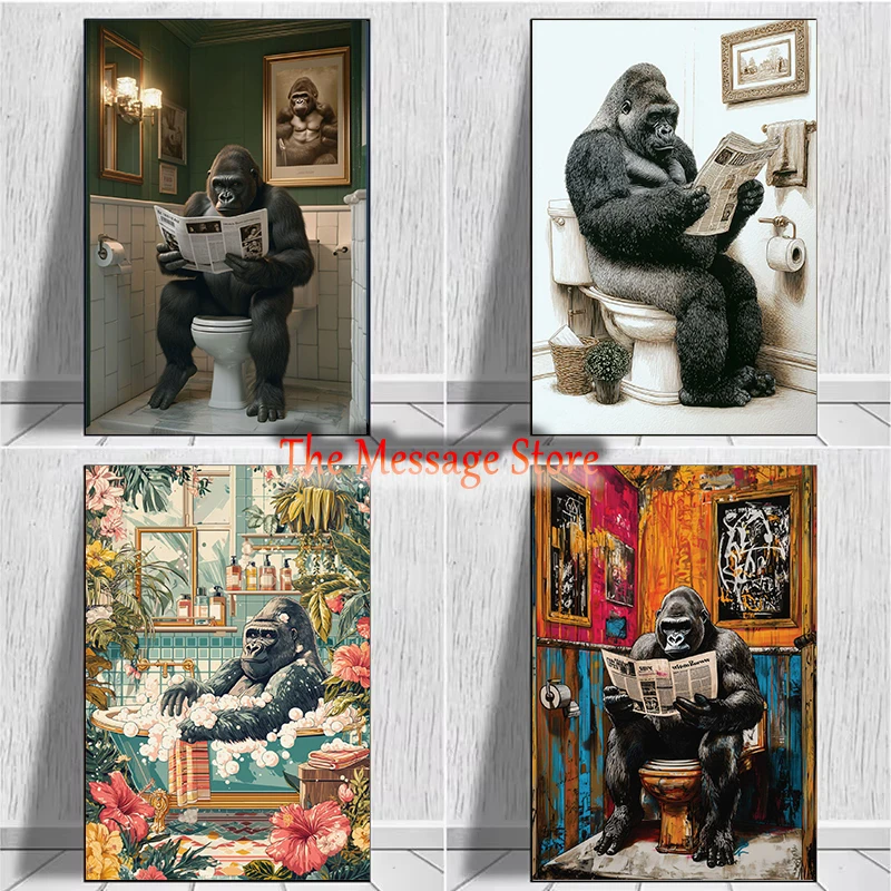 Gorila en baño de burbujas, baño bohemio de jungla, gorila sentado en el baño, póster artístico de Humor, pintura en lienzo, imágenes de pared, decoración del hogar