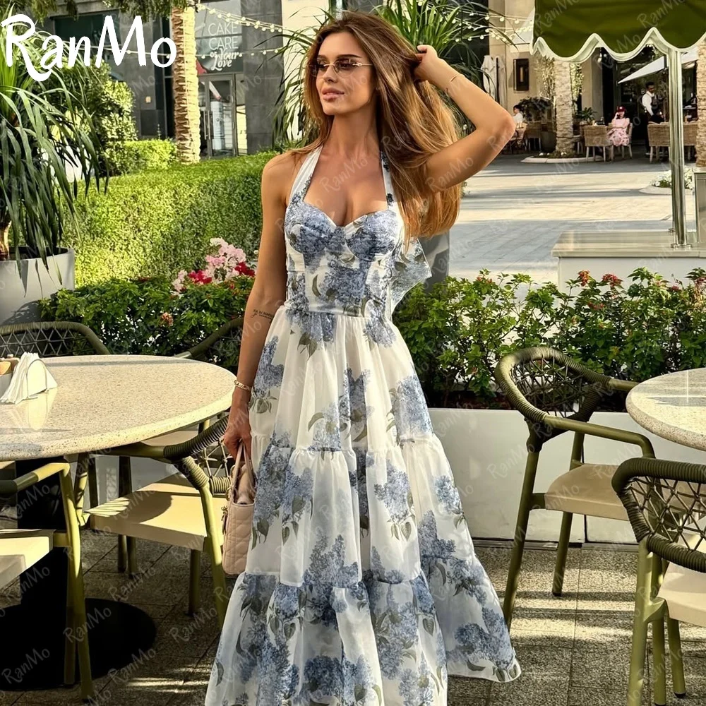Ranmo New Halter Print A-line Evening Dress Sleeveless Ankle-Length Special Occasion Dress Customized فساتين سهرات
