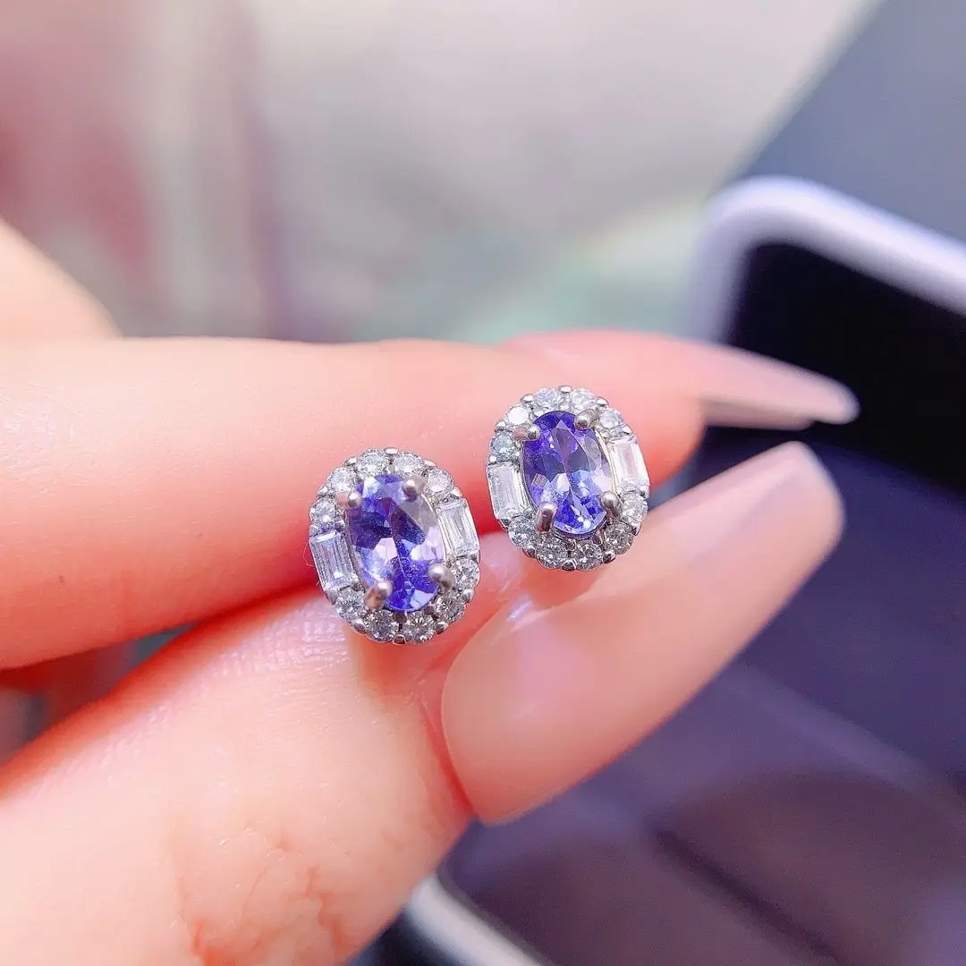 ZECAA Tanzanite Fine Jewelry Woman Tanzanite Stud Earrings With Natural Tanzanite Gemstone 3*6mm Silver Stud Earrings Jewelry