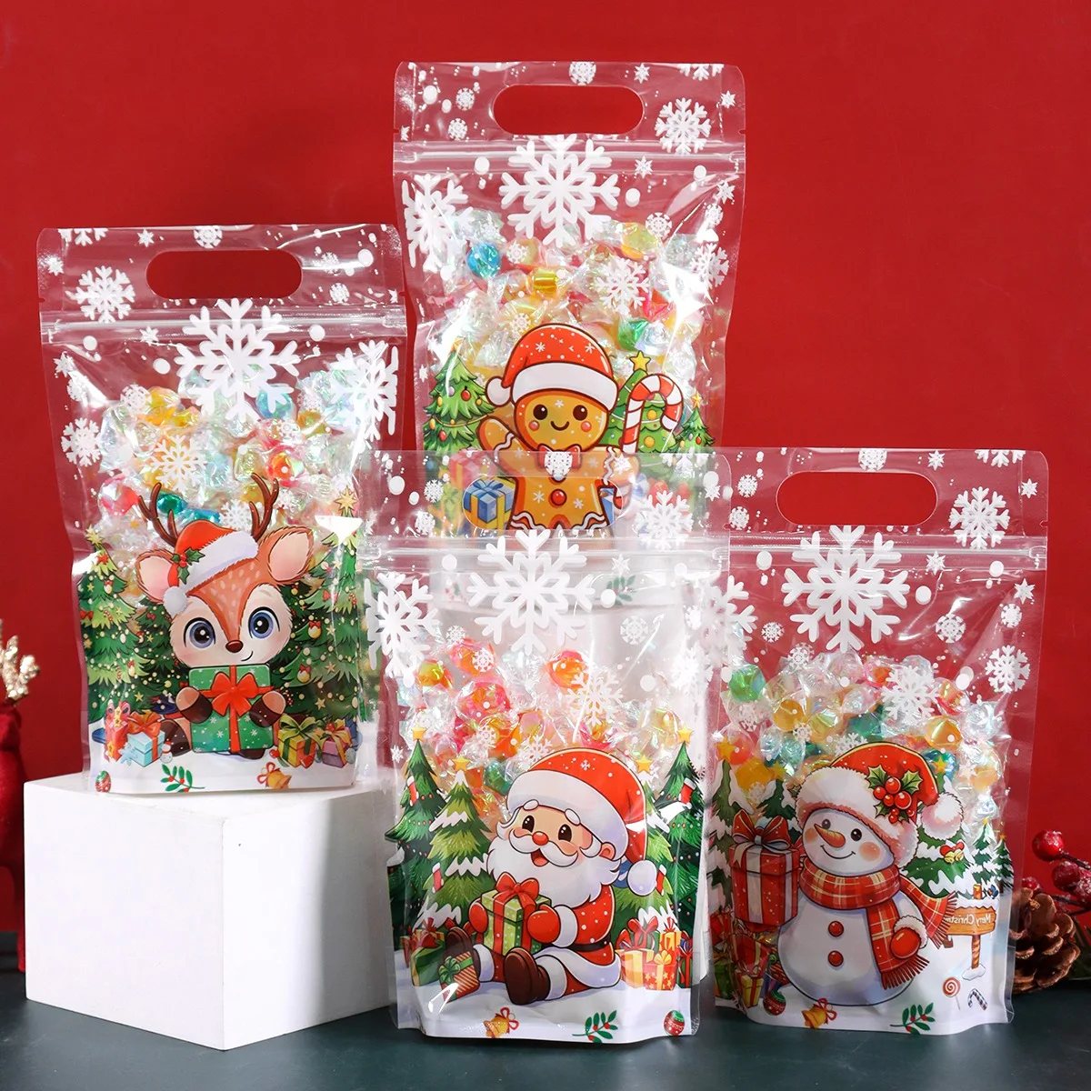 10/20 Stück Weihnachtsgeschenktüten, gemischtes Design, Standbeutel mit Weihnachtsmann- und Schneemann-Aufdruck, wiederverschließbare Beutel, Weihnachts- und Neujahrs-Party-Dekoration
