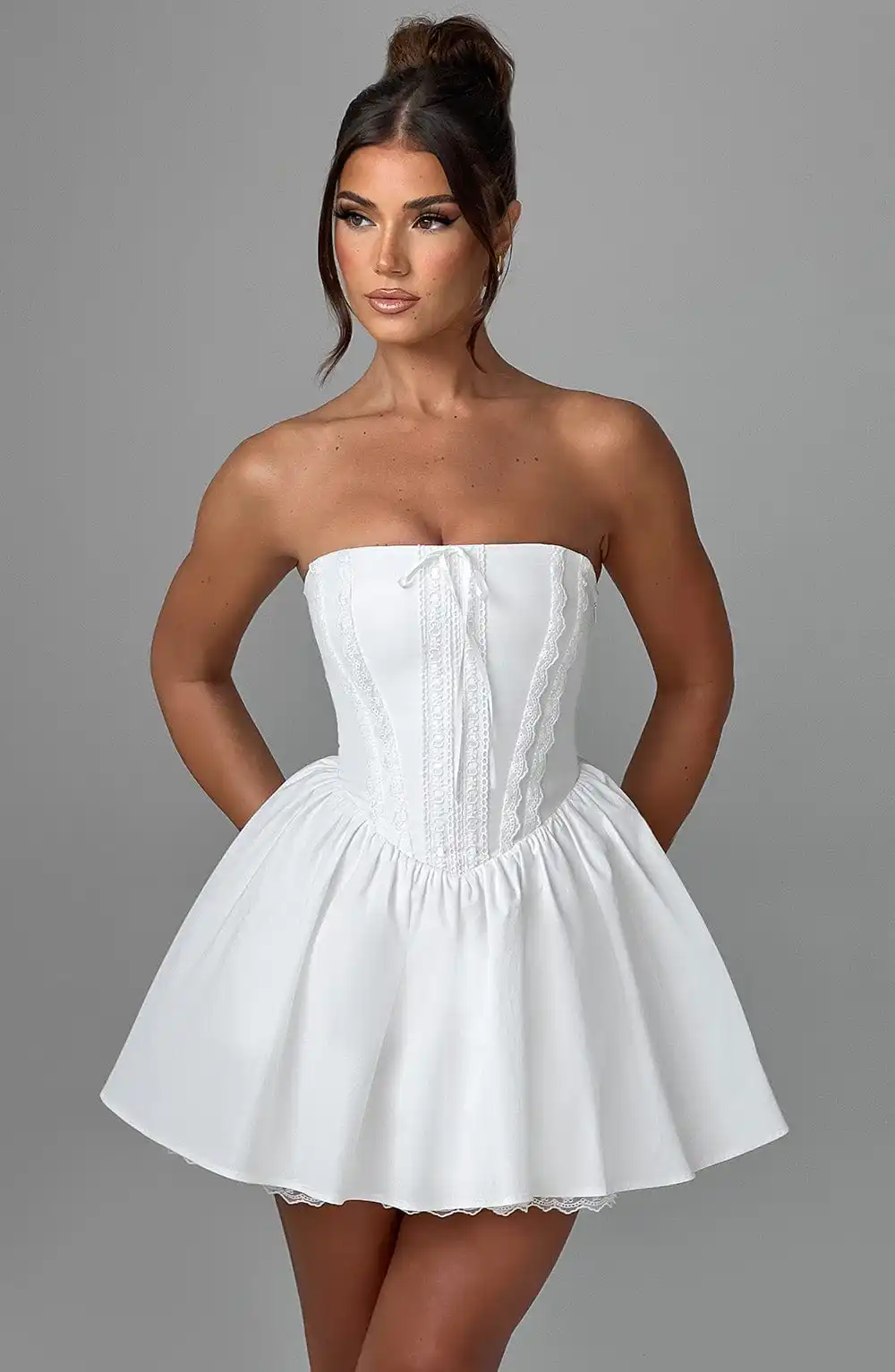 Women Strapless Corset Short Dresses Lace Trim Front Bow Tie A Line Mini Gown Cottagecore Picnic Vacation Wedding Guest Dress