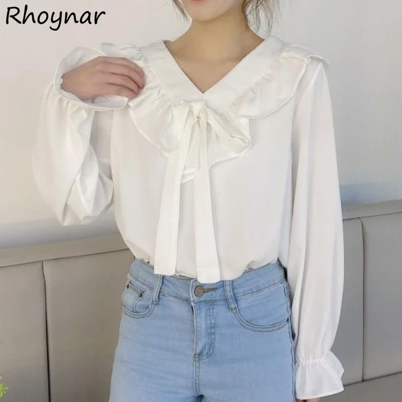 

Long-sleeve Blouses Women Ruffles Fashion Sweet Solid Vintage Loose Casual Korean Style Autumn New Students Literary All-match