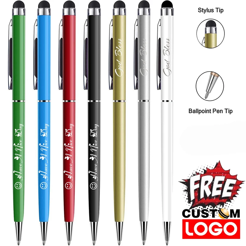 12pcs/lot Metal Ballpoint Pen Multi-color 0.7 mm Black Ink Roller Pens 2 In 1 Fiber Point Stylus Engraved Gifts Free Custom Logo