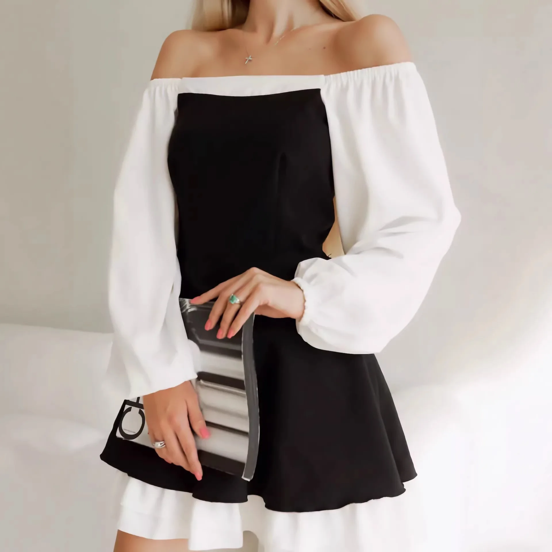 

2026 Spring and Summer New Classic Black and White A-word Dress One-word Shoulder Ruffle Skirt Dress