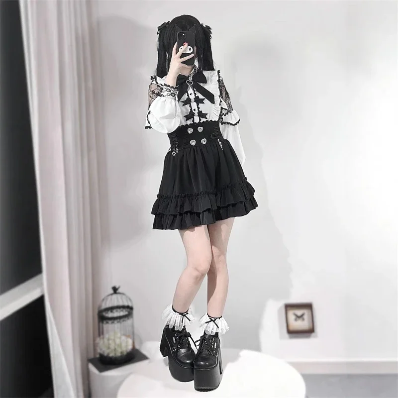 Japanese Y2K Gothic Lolita Two Piece Set Black White Lace High Waist Ruffled Mini Skirt Slimming Outfit Teen Girls Autumn Gift view 3