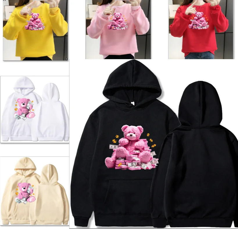 Bear Print Hoodie Casual  Men Women's Clothing  Humor Money Teddy Bear Hoodies Sweatshirt  Aesthetic  Streetwear Women  Tops