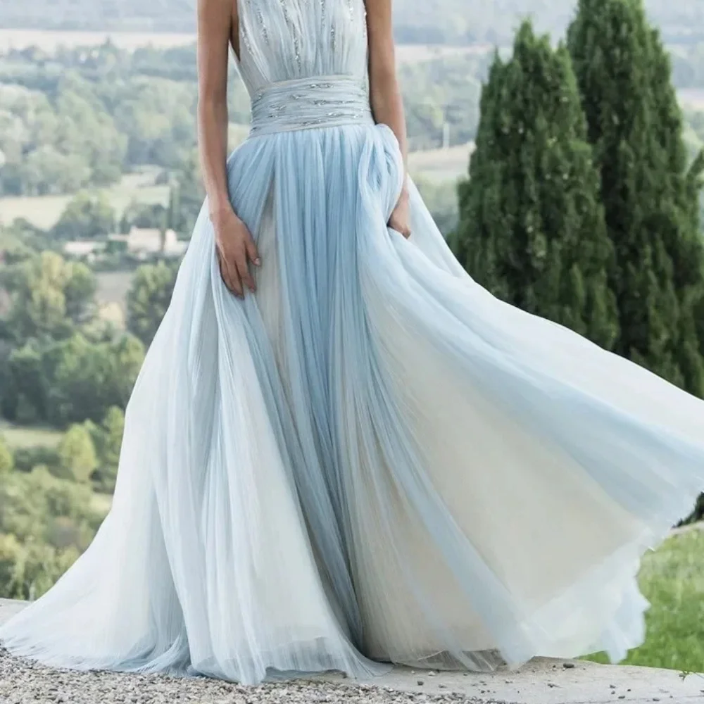 Light Blue Pleated Sequined Tulle A-Line Prom Dresses Elegant O-Neck Sleeveless Floor Length Garden Bridal Wedding Party Dresses