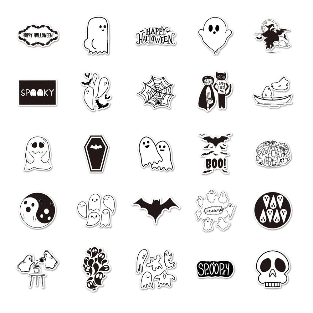 50pcs Black White Halloween Stickers For Phone Scrapbook Stationery Craft Supplies Vintage Spooky Sticker Scrapbooking Material