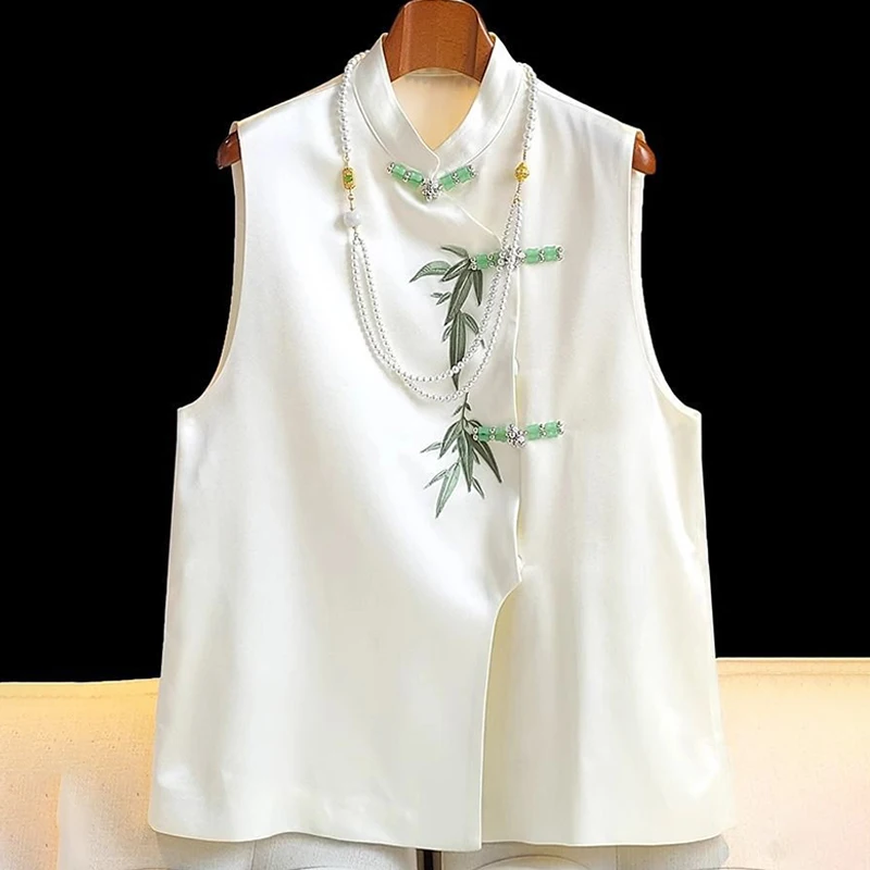 

New Vintage Luxury Bamboo Embroidered Vest Jacket Neo-Chinese Style Jade Plate Buckle White Waistcoat Women's Blouse Sleeveless